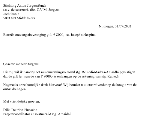 Dank brief aan Stichting Anton Jurgens Fonds